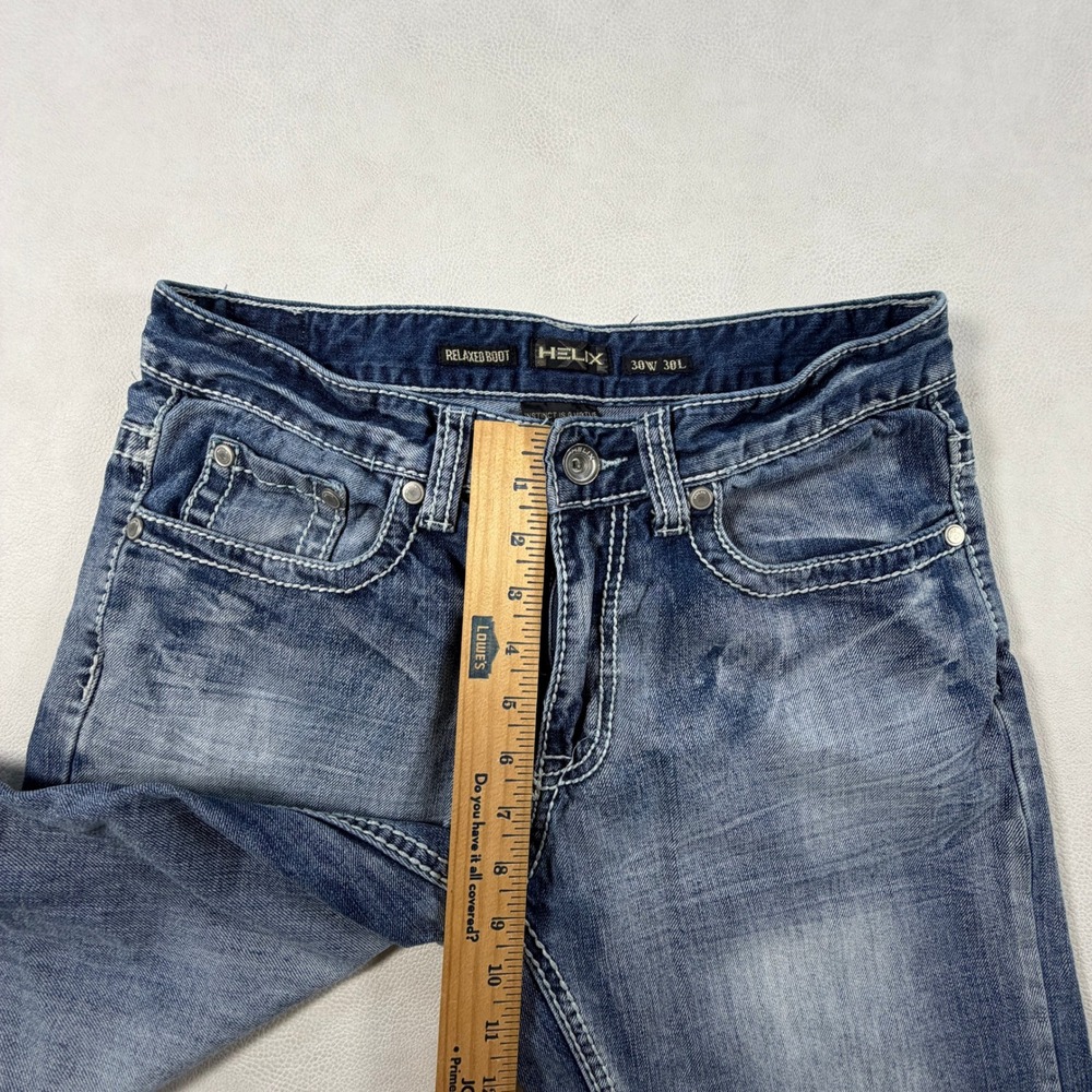 Helix Relaxed Boot Jeans Mens 30x30 Blue Denim Distressed Iron Cross Pockets Y2K - Picture 10 of 15